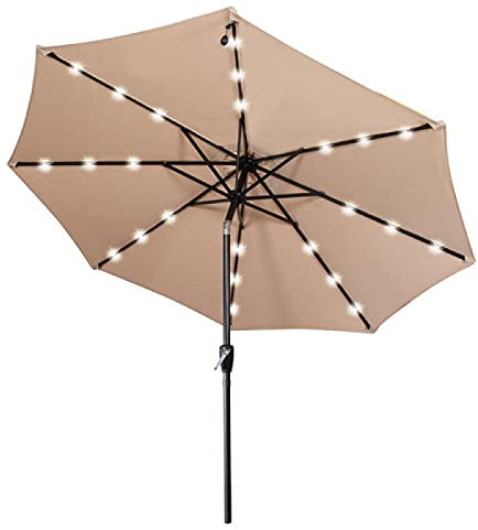Parasol de table solaire à LED de 2,7 m avec fonction d'inclinaison pour jardin, pelouse, plage, terrasse, cour, beige et blanc (sans socle)