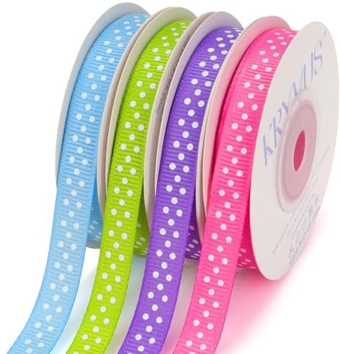 Kryvus Easter Ribbon Set, Polka Dot Grosgrain Ribbon 10mm X 55M(4 Rolls x 15 Yards), Prefect for Gift Wrapping, Party Decor, Crafts, Baby Shower (Hot Pink/Light Blue/Hyacinth/Apple Green)