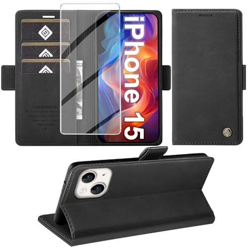 Giyer Cover per iPhone 15 Custodia con Vetro Temperato, Premium PU Portafoglio Slot per Scheda RFID Antifurto Funzione Supporto Flip Case, Antiurto per iPhone 15 5G Cover (Nero)