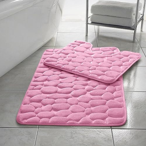 EXQUIZIT HOME® Luxus Memory-Schaumstoff Badematten-Set 2-teilig – rutschfeste Kiesel-Badezimmermatte & WC-Vorleger, schnell trocknend, ultra saugfähig, weiche gepolsterte Matten 100% Polyester (Blush