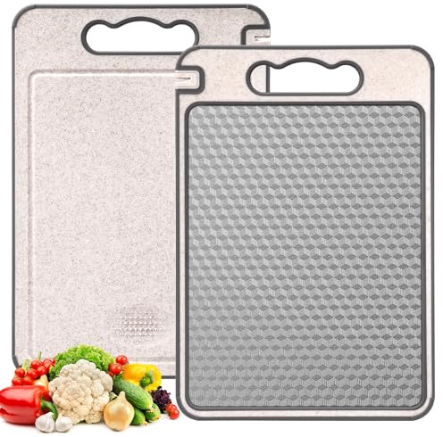 Tatxmalv Planche à Découper, Planche à Découper Double Face 304 Acier Inoxydable + Paille de Blé, Antibactérien Planche Cuisine avec Poignées, Conception de Réseau Résistant aux Rayures