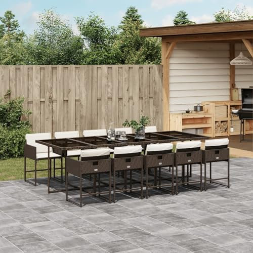 IKAYAA Rattan Gartenmöbel Essgruppe für 10 Personen, Garten Sitzgruppe, Terrassenmöbel Set, Gartengarnitur, Sitzgarnitur, Essgruppe, Gartentisch mit 10 Stühle & Kissen Braun und Creme