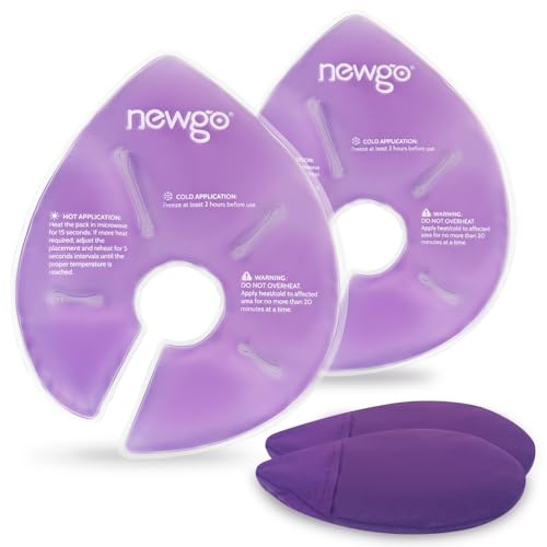 NEWGO Breast Therapy Gel Pads for Nursing – 2 Reusable Large Hot & Cold Gel Ice Packs for Nursing, Postpartum, with 2 Soft Washable Covers – for Mastitis, Engorgement, Clogged Ducts, Bra-Friendly