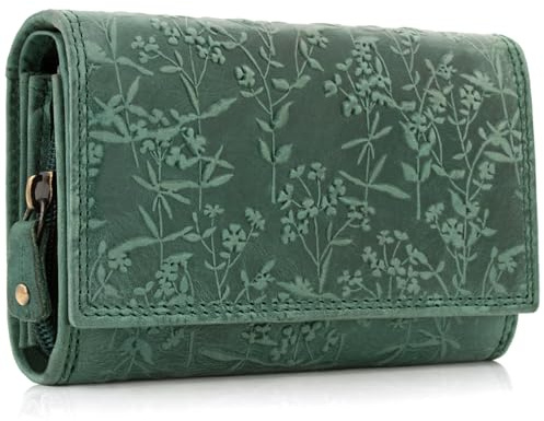 ekavale Stilvolle Damen Geldbörse aus Leder mit Blumenprägung und RFID-Blockierung, langes Design mit Druckknopf (Petrol)