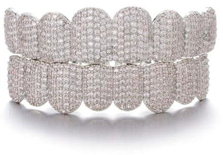 Bling kubisk zirkon tänder grillset för unisex topp botten mun avtagbar tandtråd silver färg modesmycke, silver