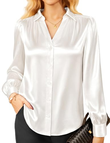 GRACE KARIN Bluse Damen Langarm Casual Satin Bluse V-Ausschnitt Knopfleiste Oberteile Hemdbluse Langarmshirt Business Weiß L