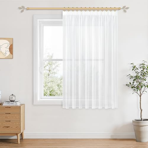 CUTEWIND Gardinen mit Kräuselband Vorhang Kurz Kinderzimmer Gardinen Weiß 100x200cm (HxB) Vorhänge Weiss Transparent Leinenoptik für Schlafzimmer Wohnzimmer und Küche, 1 Stück