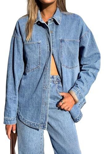 EMMIOL Women Denim Shirts Oversized Long Sleeve Button Down Blouse Distresse Jean Jacket Fall Outfits 2026 Light Blue,2XL