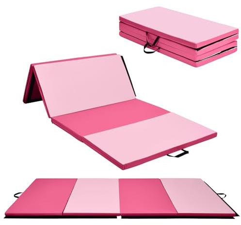 HOMFME Tapis de Sport Pliable 240 x 116 x 5 CM, Tapis de Gym à 4 Plis en PU avec Poignées Transport & Attaches Boucles, Idéal pour Yoga, Pilates, Salle de Sport, Gymnastique (Rose et Rouge)
