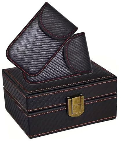 KAV Faraday Box with 2 Faraday Pouches - RFID Signal Blocking Car Key Fob Protector, Anti-Theft Keyless Entry Case for Keys, Phones & Cards, Durable Carbon Fiber Design with PU Leather & Wood