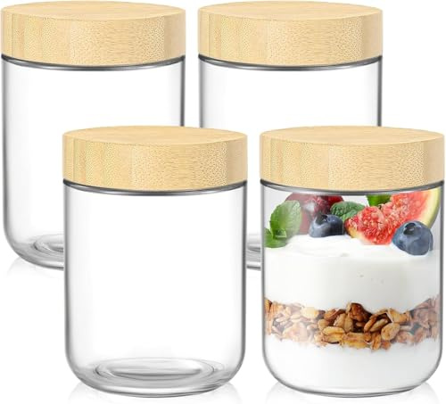 Fulfun Overnight Oats Containers with Bamboo Lids, Glass jars with Airtight Lids, Wide mouth Mason Salad jars, Glass Food Storage Containers for Snacks Yogurt Spice Sugar (480ML)