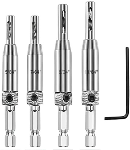 4 Pcs Self Centering Drill Bit Set, Hinge Drill Bit Set with Hex Key, Hinge Drill Bits for Woodworking, Center Punch Pilot Hole for Door Hinges Cabinet Handles Furniture Installation Wood and Metal