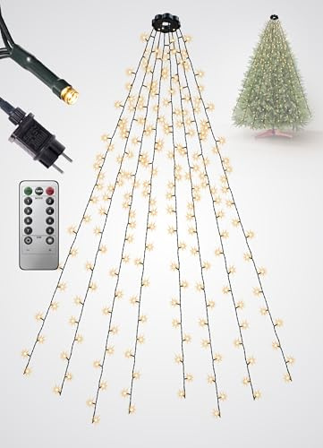 Menz Lichterkette Weihnachtsbaum mit Ring für Außen & Innen – Tannenbaum Lichterkette 2 m × 8, 320 LED mit IP44, Timer + Memory und 8 Blinkmodi – Langlebige Qualität, harmonisch warm