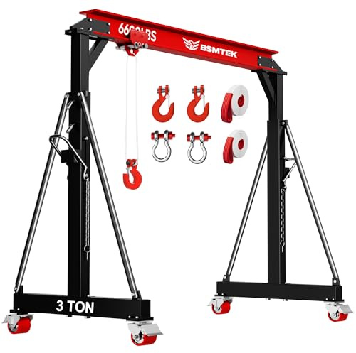 BSMTEK 3 Ton Gantry Crane 6600lbs Capacity, Adjustable Height (8.53-12.47 FT), Width (9.066 FT), Steel I-Beam Construction, Portable Shop Hoist for Factories, Warehouses, Red-2026 Upgraded