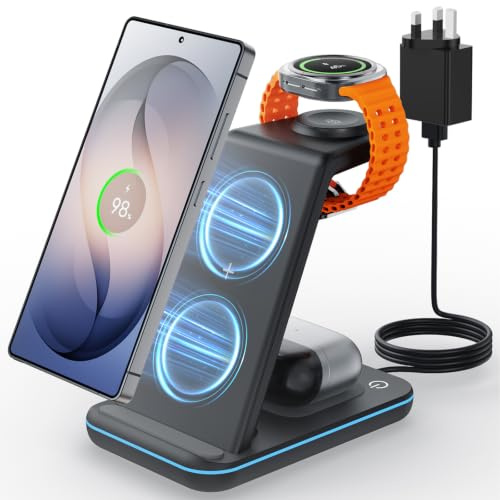 JoyGeek Wireless Charger for Samsung&Android: 3 in 1 Charging Station for S26/S25/S24/S23/S22/S21/S20/Note20/Z Fold&Flip, Galaxy Watch8/7/6/5/4/3/Active2/1, Buds 3 Pro