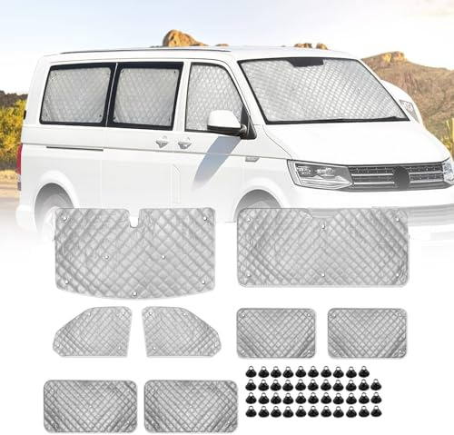 Auto Thermomatte Fahrerhaus Innen für VW T5 T6 LWB, 8 Stück Frontscheibenabdeckung Thermorollo Set Sonnenschutz Frontscheibe Innen Verdunkelung Windschutzscheiben Schutz mit Aufbewahrungstasche (8PCS)