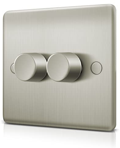 Double Led Dimmer Light Switch, Trailing Edge Light switch for Dimmeable LED/Halogen Lights, Rotary Push On/Off, 2 Gang 1 Way/2 Way, 3-150W, Brushed Steel
