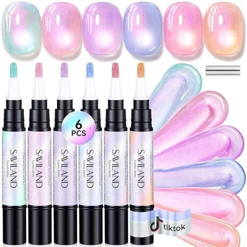 SAVILAND 6 Farben One Step Gel Nagellackstift Set: 3-in-1 Cat Eye Gel Nagellack Basislack & Decklack in einem Stift Anfängerfreundlicher Gel Nagellack mit Magnet für Aurora Cateye Nail Art Reisegröße