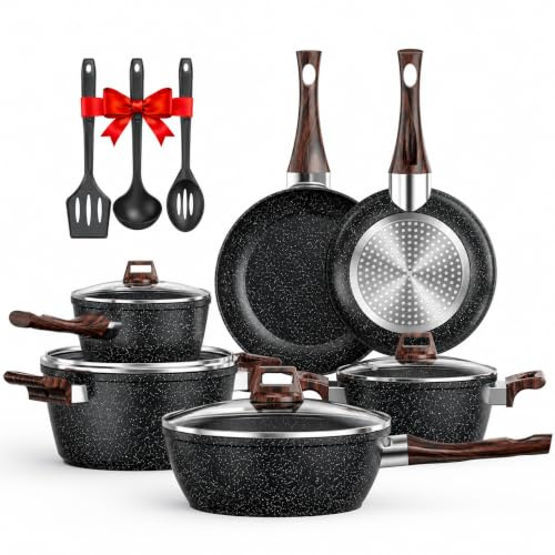 Pureglow Topfset Induktion und Pfannenset Induktions Töpfe Set 13-teiliges Granit-Antihaft-Kochgeschirr Set mit Bratpfann, Kochtopf & Stielkasseroll, Glasdeckeln, PFAS und PFOA Frei
