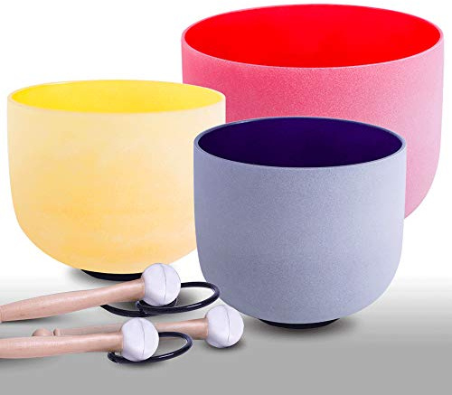 ENERGYSOUN Klangschalen-Set, bunt, mattiert, 30,5 cm, C 25,4 cm, E 17,8 cm, A Chakra-Quarzkristall, mit Gummischlägeln und O-Ringen, für Frieden, Chakra, Heilung und Achtsamkeit