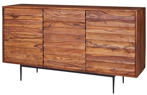 FineBuy Sideboard 150x41x81 cm Sheesham Massivholz Natur mit Türen | Kommode im Retro Stil mit schwarzen Beinen, Anrichte aus Echtholz mit viel Stauraum, handgefertigtes Unikat