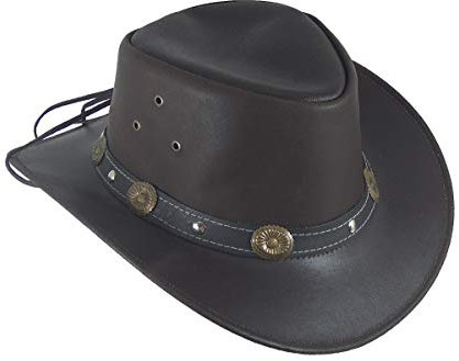 Western Ranch Lederhut Westernhut Cowboyhut mit Kinnband Concha schwarz, braun (L, Braun)