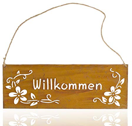 Metall-Tafel Herzlich Willkommen Rost-Finish Schnur aufhängen Herz Verzierung Schild Garten Muttertag Mothersday deko Ganzjahres-Schild Schriftzug Gartendeko Edelrostdeko antik braun B=25 cm