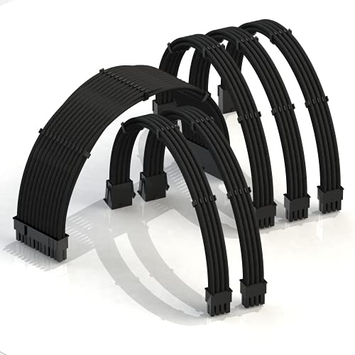 LINKUP - AVA 30cm Cable con Manguito - Prolongación de Cable para Fuente de Alimentación con Kit de Alineadores - Compatible con RTX3090| 1x 24P (20+4) MB| 2x 8P (4+4) CPU| 3x 8P (6+2) GPU|300mm Negro