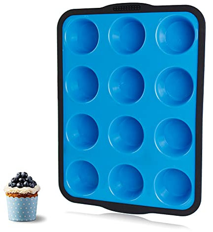 Aichoof Non-Stick Silicone Muffin Pan With Reinforced Stainless Steel Frame Inside,12 Cup Regular Muffin Baking Mold, 12 Cup Muffin Tin, BPA Free,Dishwasher Safe, Blue