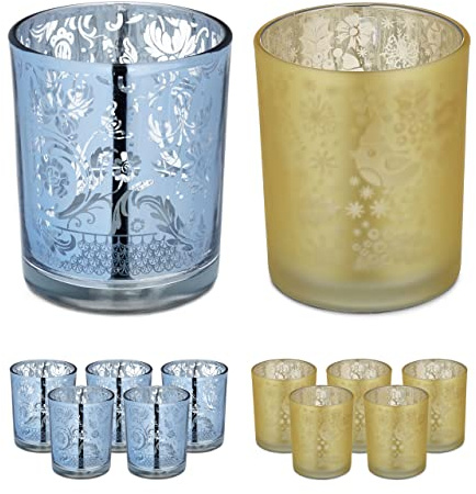 Relaxdays Teelichtgläser, 12er Set, Teelichthalter aus Glas, ganzjährig, Votivgläser, HxD: 8,5 x 7 cm, Deko, Gold/Silber | ganzjährig, Votivgläser, HxD: 8,5 x 7 cm, Deko