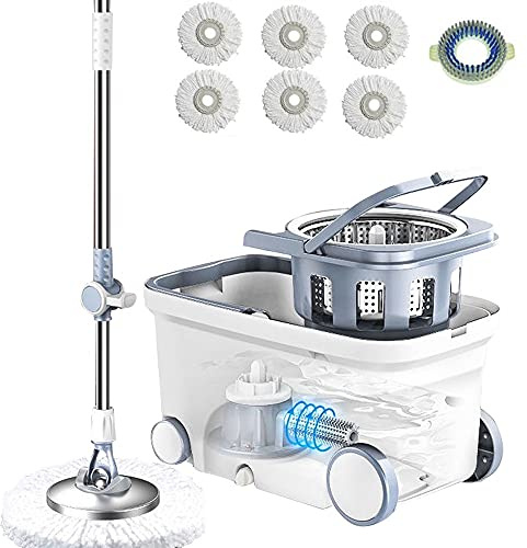 Michao Spin Mop Bucket Deluxe 360 - Sistema de Limpieza de Piso Giratorio con 6 recambios de Cabezal de Microfibra, Mango extendido de 62 Pulgadas, 4 Ruedas para Limpieza del hogar