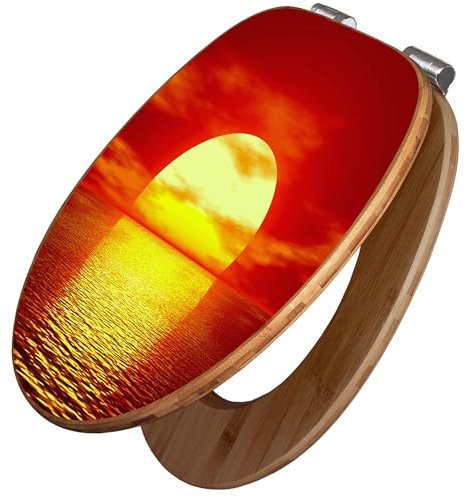 banjado Design WC Sitz Bambus Absenkautomatik 45,8x37,5cm / Toilettendeckel mit Absenkautomatik Holz/hochwertiger Bambus Klodeckel/WC-Sitz für gängigen Toiletten/Motiv Sonnenuntergang