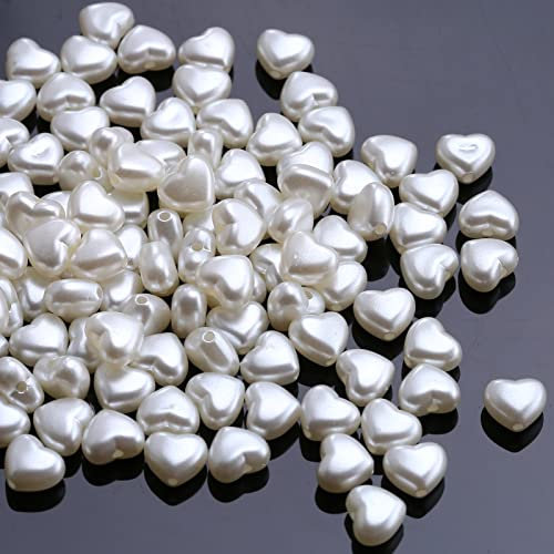 YIEUR Perlen Weiß Herz glitzern, 9mm Bastelperlen mitLoch zum Basteln, 690 Stück lose Kunst pearl Acryl perlenhochzeit für Armbänder Hallskette Deko Handwerk Schmuckherstellung(Herz)