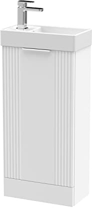 nuie FLT120 Deco Compact Modern Bathroom Floor Standing Part Fluted 1 Door Slimline Vanity Basin Unit with Ceramic Basin, 400mm, Satin White