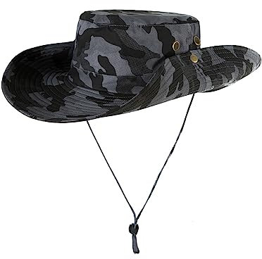 Unisex Outdoor Sonnenhut Cowboy Bonnie Hut Fischerhut Angel-Kopfbedeckung Safari Outback Sonnenschutz Baumwolle Two Way to Wear für Kopfumfang 55-62 cm - Camouflage Dunkelgrau