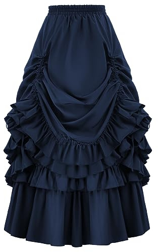 Belle Poque Women's Plus Size Pirate Skirt High Elastic Waisted Renaissance Steampunk Skirts(Navy Blue,2XL)