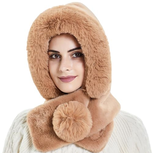 Rayson 2 in 1 Damen Wintermütze Kapuze Kapuzenschal Beanie Ohrschal Winddicht Kälteschutz Mütze Warme Winter Kapuzenschal Neckwarmer Set Schal mit Bommel Ski Ohrenklappe
