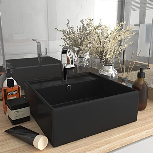 ZEYUAN Luxus-Waschbecken Überlauf, Aufsatzwaschbecken, Waschtisch, Aufsatzwaschtisch, Wash Basin, Badmöbel, Bathroom Sink, Quadratisch Matt Schwarz 41x41 cm