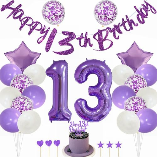 Kiwochy Lila 13 Geburtstag Deko Mädchen 13 Geburtstag Dekoration Lila Tortendeko Geburtstagsdeko 13 jahre Luftballons Nummer 13 Folienballon