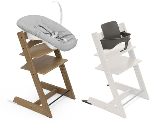 Sedia Stokke Tripp Trapp (Rovere Marrone) con Newborn Set e Baby Set (Hazy Grey) - Design sicuro, regolabile ed ergonomico