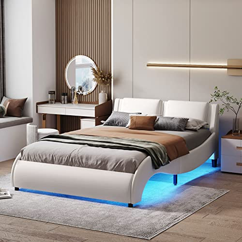 Kehun Polsterbett Doppelbett 140x200 cm mit LED-Bettkasten, Kunstlederbett mit lattenrost aus Holz, Bett Bettgestell mit Kopfteil, Kunstleder, Weiß, Ohne Matratze