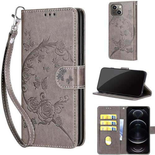 TOMYOU Handyhülle für iPhone 13/14 Hülle, Grau | Stoßfeste Flip Schutzhülle, Kartenfächer, Standfunktion,Magnetisch, Kunstleder, Klappbar Brieftasche
