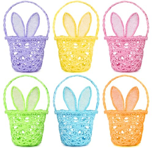 WeDoSoy 6 Pieces Easter Egg Baskets - Handmade 6 Colors Bunny Ears Easter Baskets for Easters Theme Garden Party Favors, Easter Eggs Hunt, Easters Goodies Goody, Basket Fillers