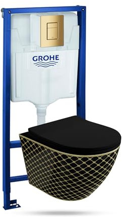 Lavita Vorwandelement Solido + Wand Hänge WC Sofi Slim Black Night Schwarz Spülrandlos + WC Sitz mit Absenkautomatik Goldener Knopf Komplettset Unterputz Spülkasten Toilette Komplett Sett WC