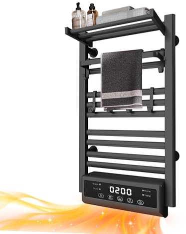 DUDYP Badheizkörper Elektrisch, Wandmontage Handtuchtrockner Mit Timer, Handtuchheizkörper Aus Aluminiumlegierung, 70 * 50 cm Beheizter Handtuchhalter Mit Klappbarer Oberer Ablage, IPX4,Schwarz
