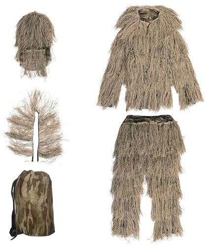 HAZARA 5-Teilige 3D Ghillie Suit Camouflage Jagdbekleidung Ghillie Suit Einschließlich Jacke,Hose,Kapuze,Tragetasche Tarnzelt Fotografie für CS Dschungeljagd Tierfotografie,DryGrass-Kids