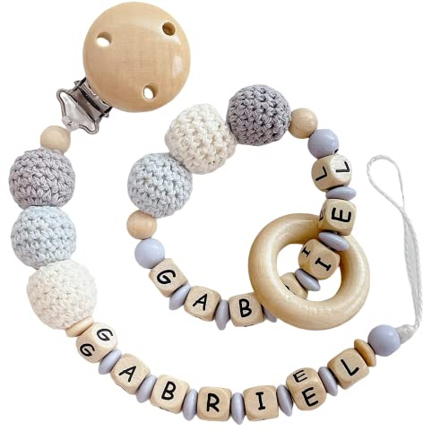 2er Set personalisierte Kette mit Namen Wunschnamen Holz Name | Handmade Babygeschenk zur Geburt für neugeborene (Blau Beige Grau)