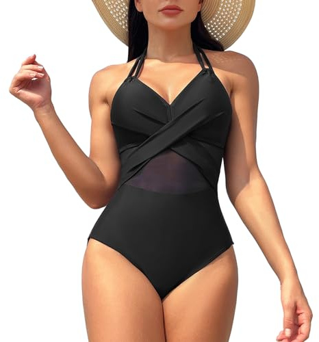 meioro Women Sexy Mesh Swimsuit V Neck Criss Cross Swimming Costume, Tummy Control High Waisted Swimwear Slimming Vintage Women's One Piece Bathing Suits, Retro Halter Neck Beach Tankini (Black,M)