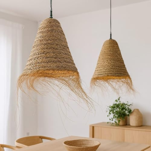 Generico Lustre à Suspension en Paille Artisanale Marocaine: Style Ethnique, Éclairage Naturel et Confortable 2403211007 Rotin Osier Giunco Bambou