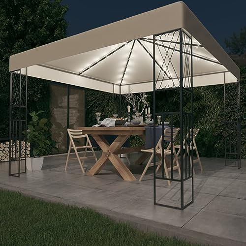 Homgoday Pavillon mit LED Lichterkette 3x3m Creme Stoff Outdoor Gartenunterstand für Terrassen, Hinterhof und Rasen Partyzelt Event Zelt Festzelt Überdachung